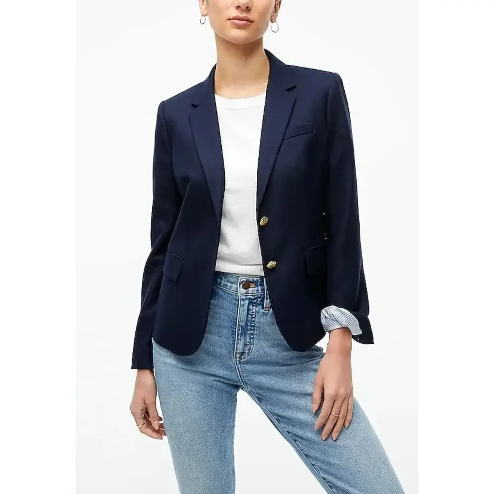 J. Crew Schoolboy Navy Blue Gold Button Wool Blend Fitted Blazer US 2 - Picture 1 of 6